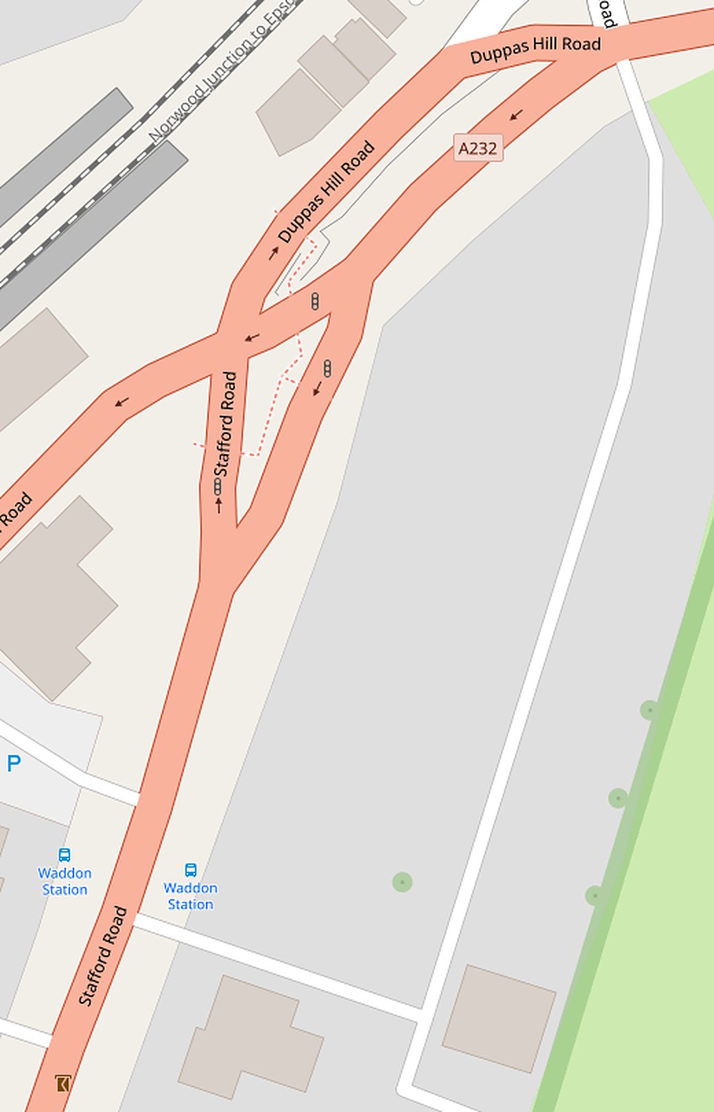 Close-up map of the Iconix unit in Croydon showing two entrances: a side lane off Stafford Road beside the Waddon Station bus stop, and the same lane from Duppas Hill Road at the top. Both lead to the unit, with parking at the rear.