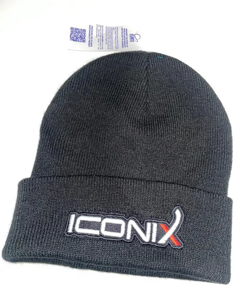 Black Iconix beanie with woven logo patch